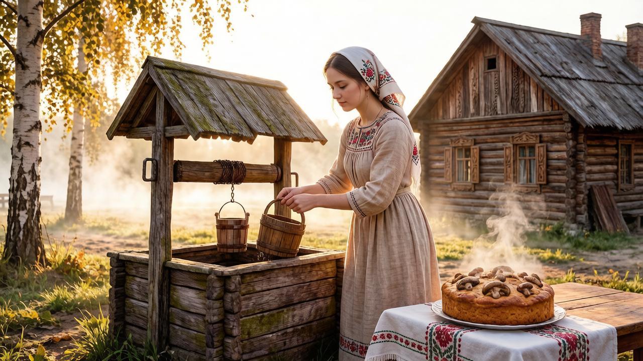 Молодая женщина набирает воду из колодца, рядом на столе свежий пирог — иллюстрация к традициям дня Тихона Страстного.